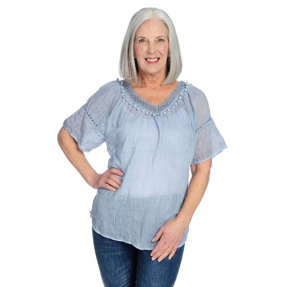 NWOT - Indigo Thread Woven Crochet Lace & Pom Pom Trimmed V-Neck Faded Demin M - Picture 1 of 2